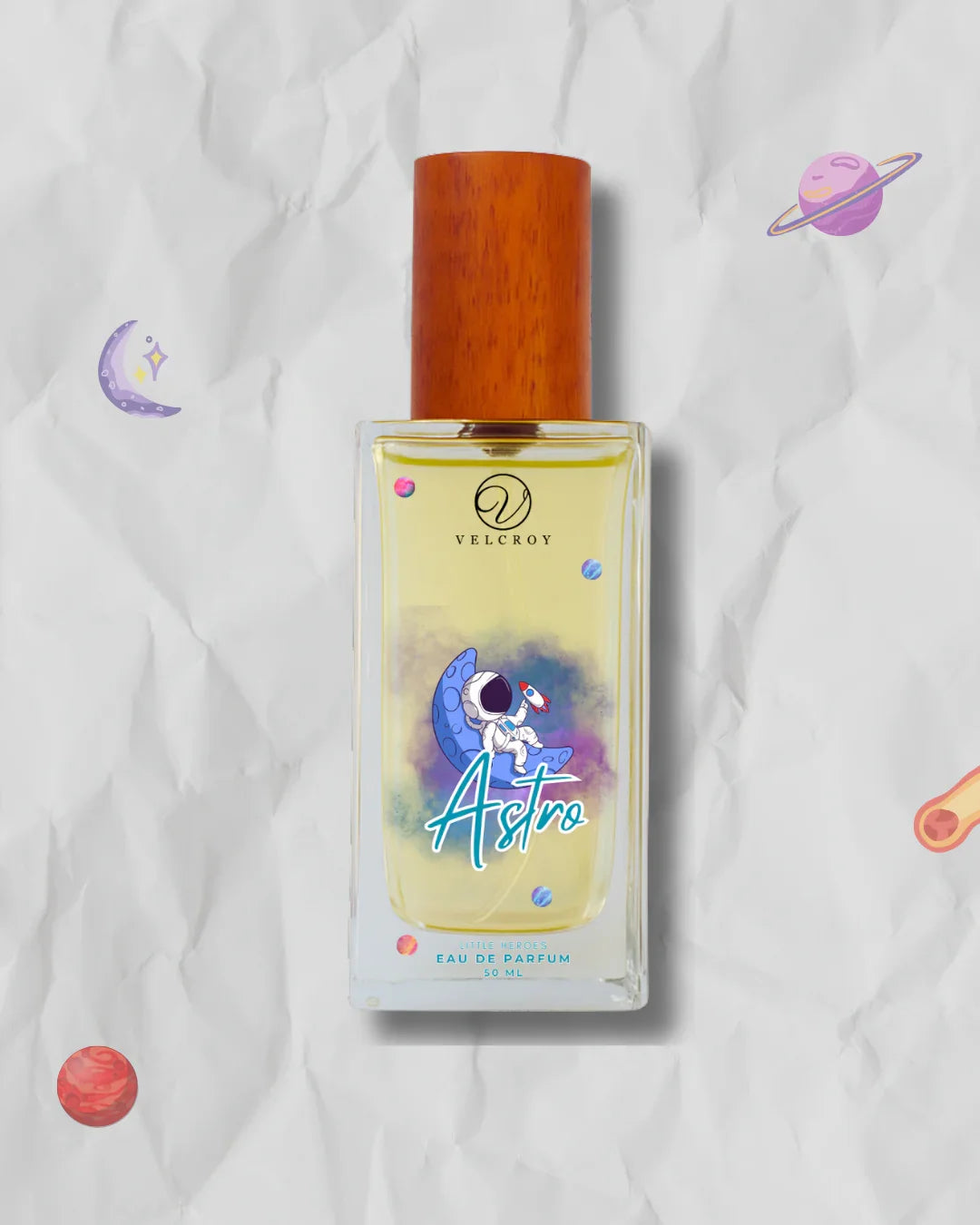 Perfume bottle with wooden cap, astronaut illustration, and space-themed background