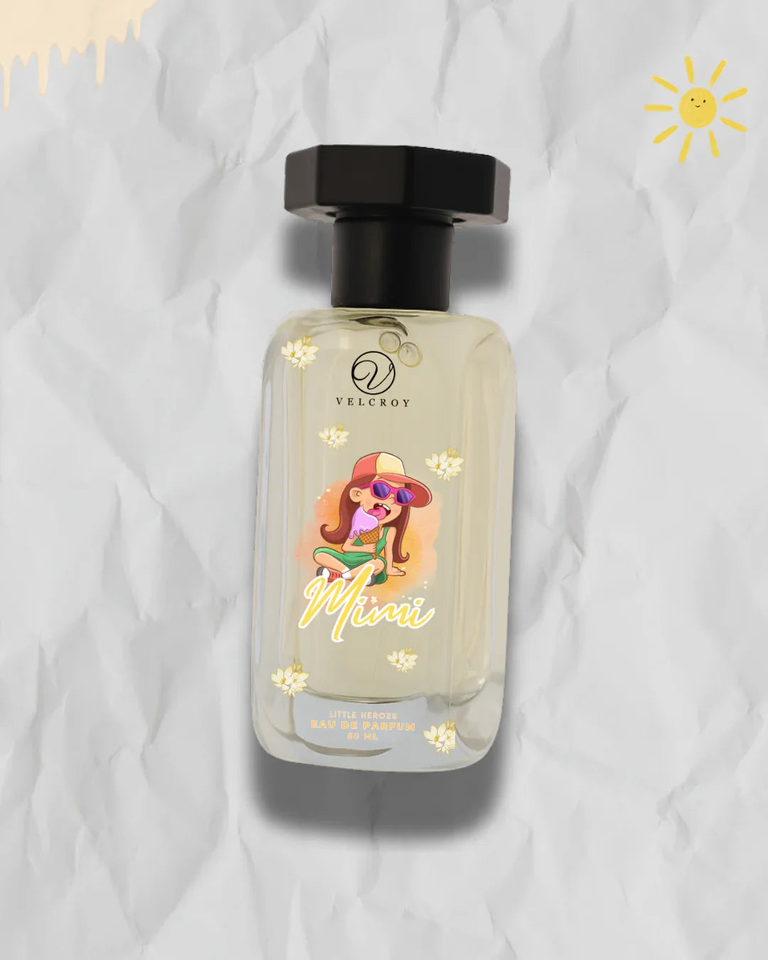 Perfume bottle with cartoon girl and flowers, labeled Mini, on a textured white background