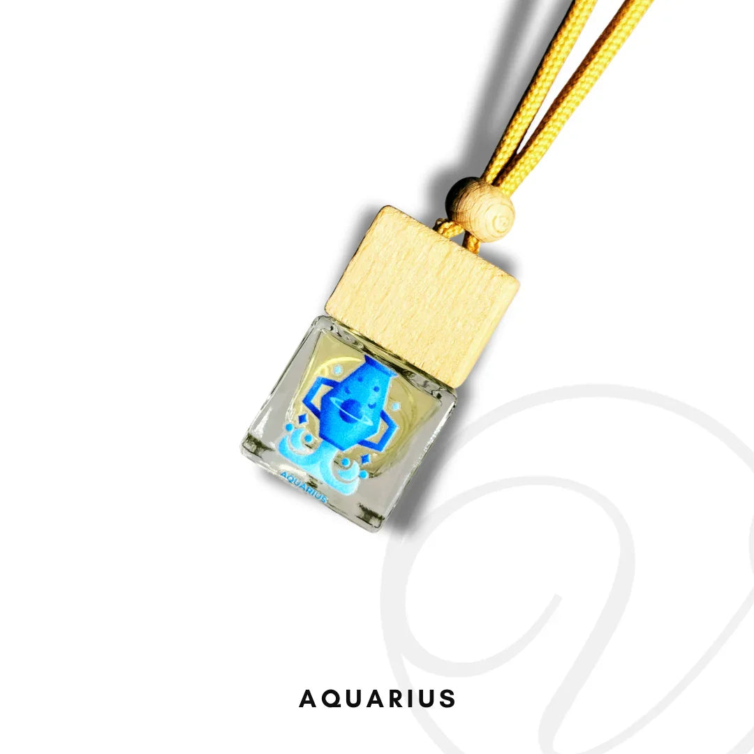 Aquarius zodiac fragrance oil bottle with yellow string and wooden cap on white background