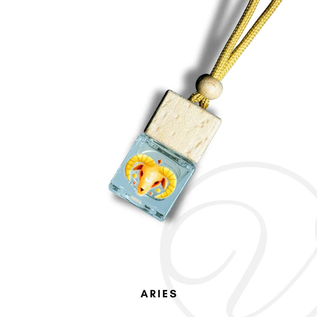 Aries zodiac air freshener with ram illustration, wooden cap and yellow hanging cord.