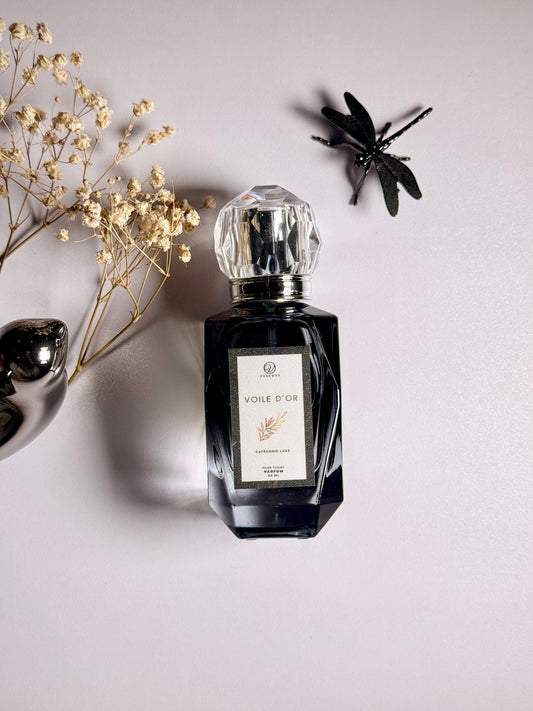 Perfume bottle with decorative elements on a light background
