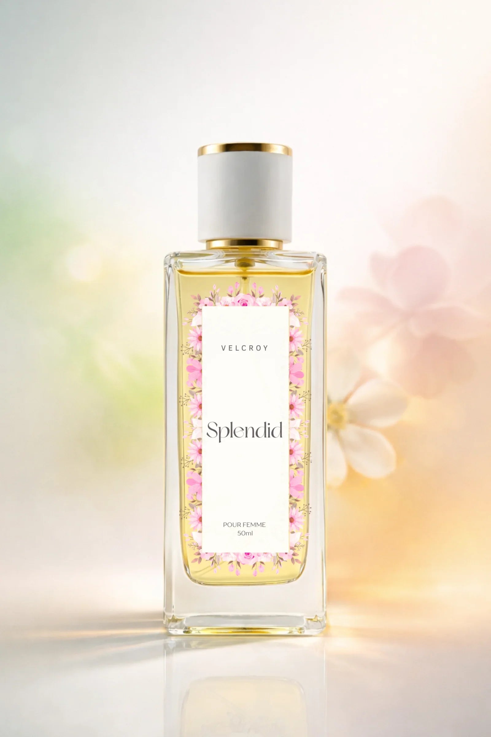 Elegant glass perfume bottle labeled Splendid, floral design, soft pastel background