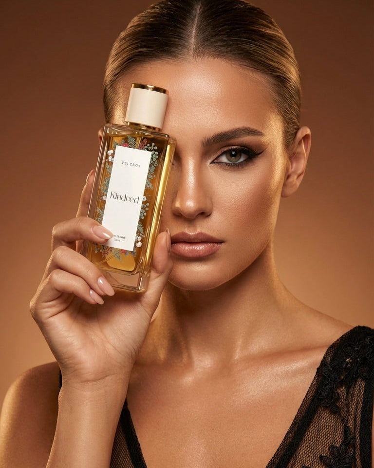 A woman in a black lace top holds a clear bottle of Shikrest hair oil next to her eye against a warm brown studio background.