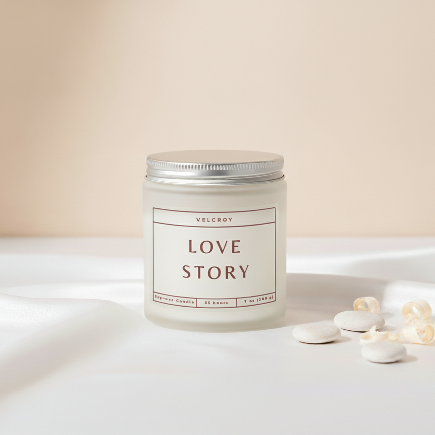 Candle labeled 'Love Story' on a white surface with a beige background