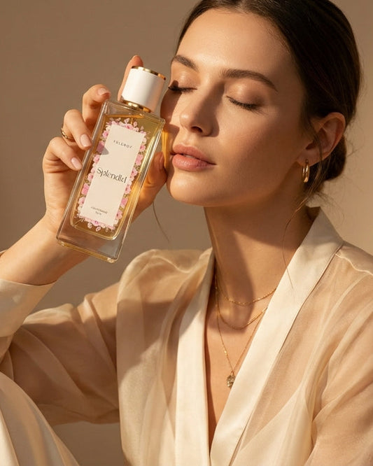 A woman in a cream satin robe holds a clear bottle of 'The Rituals' Rose Gold Cleansing Oil next to her face, set against a warm beige draped fabric background.