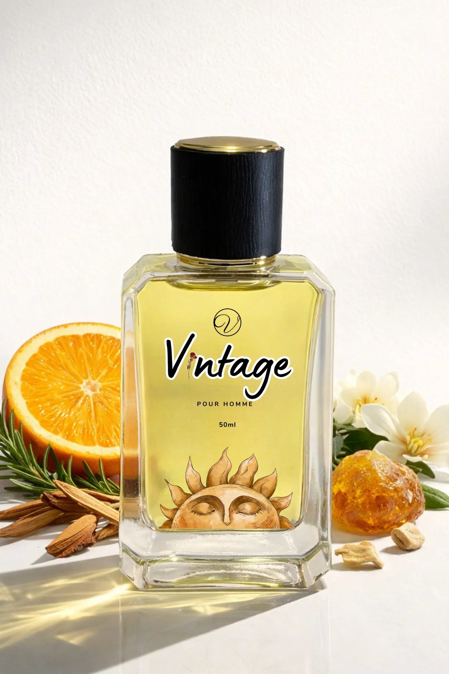 Men's Vintage fragrance bottle with citrus, amber, white flowers, and wood accents