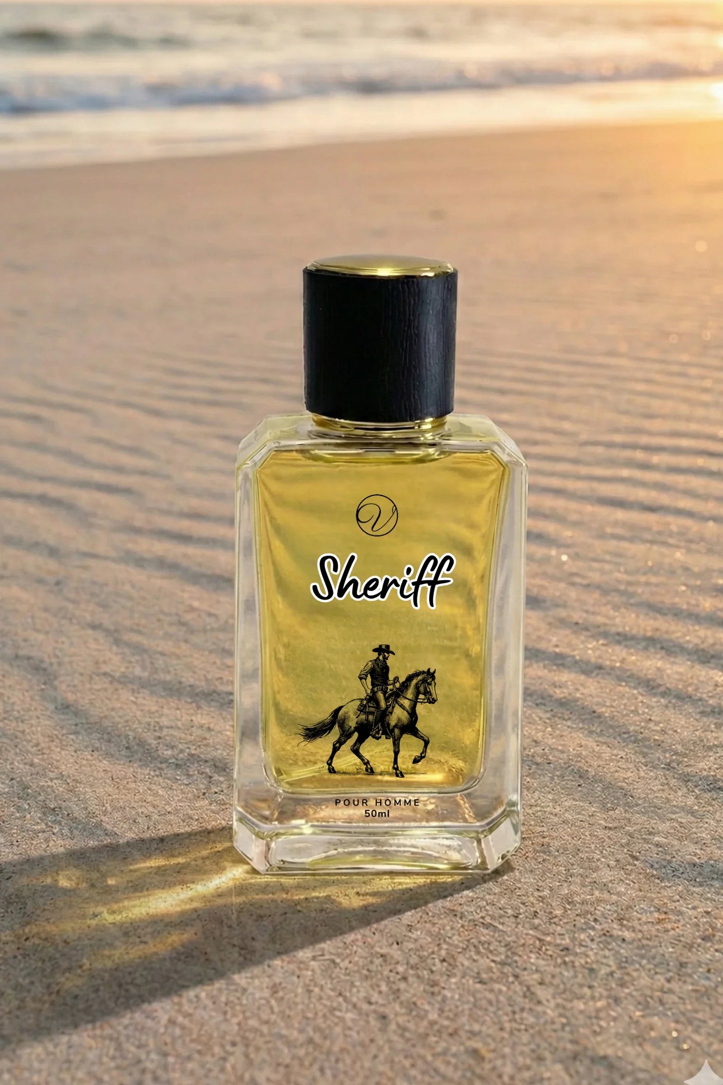 Men’s luxury Sheriff fragrance bottle on sandy beach at sunset, elegant and masculine scent