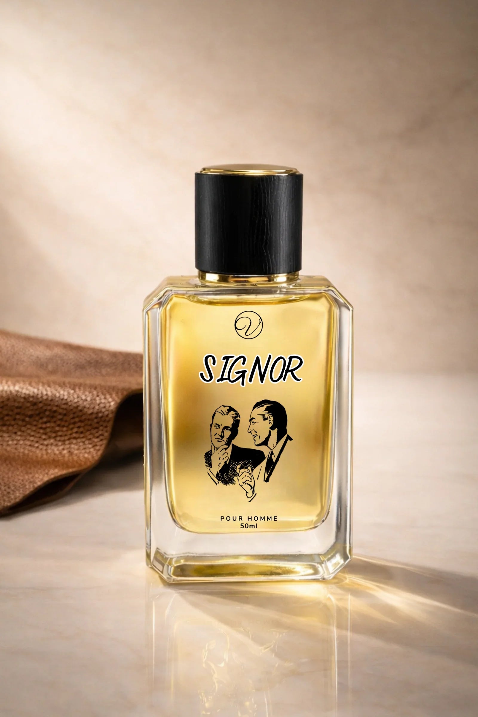 Elegant men's fragrance bottle labeled Signor with vintage illustration, 50ml, on marble.